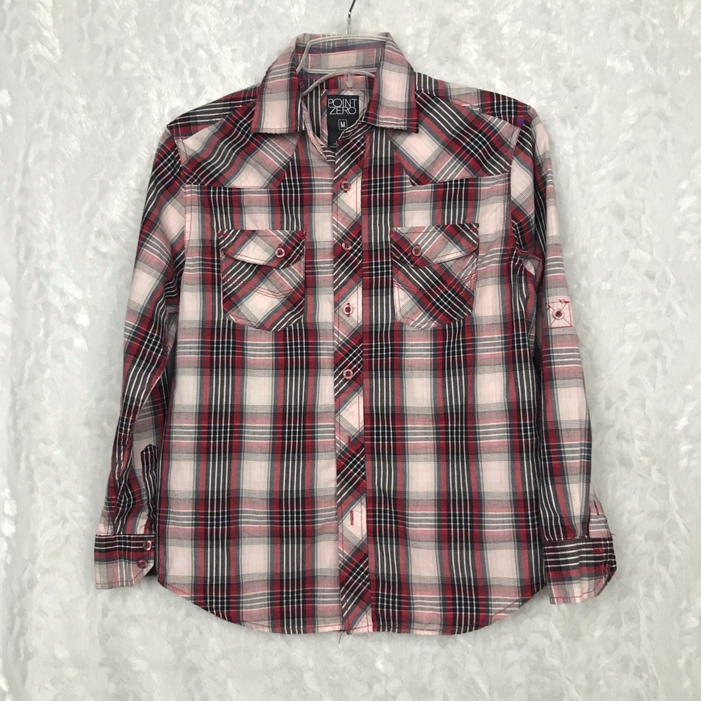Point Zero red black plaid shirt 2 front pockets M